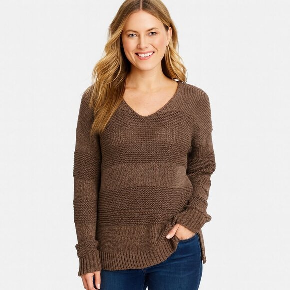 Tommy Bahama Womens Sweetzer V Neck Pullover Loose Knit Sweater Brown Size M - Picture 1 of 11